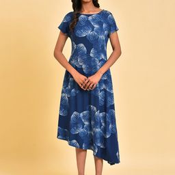 W Blue Abstract Printed Asymmetric Hem A-Line Midi Dress-picture-23