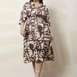 Athena Ample Plus Size Printed Shirt Collar Fit and Flare Midi Dress-picture-41