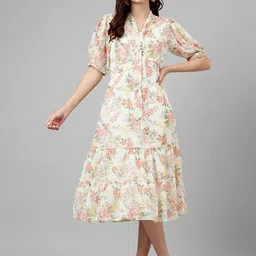 Latin Quarters Floral Printed Tie-Up Neck Puff Sleeves Gathered Tiered A-Line Midi Dress image 1