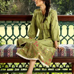 AURELIA Olive Green Ethnic Motifs A-Line Midi Dress image 1