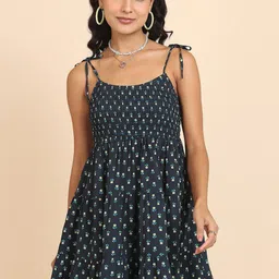 Tokyo Talkies Navy Blue Floral Printed Smocked A-Line Mini Dress-image-13