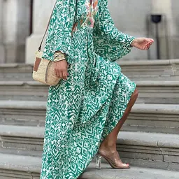 StyleCast Green Geometric Printed V-Neck Bell Sleeves Maxi Dress-image-15