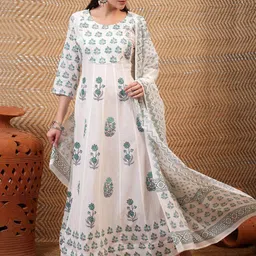 Vishudh White & Teal Green Floral Printed Pure Cotton Anarkali Kurta & Trouser & Dupatta-image-82