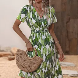 StyleCast Green Tropical Printed Midi A-Line Dress-image-62
