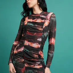 Tokyo Talkies Abstract Printed Mock Neck Ruched Mini Bodycon Dress-image-94