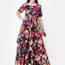 Cation Black Round Neck Floral Printed Crepe Maxi Dress-picture-24
