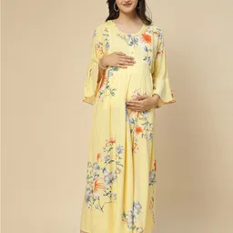 Sweet Dreams Yellow Floral Printed Bell Sleeves Pleated Maternity A-Line Midi Dress-picture-25
