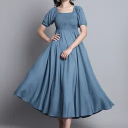 BAESD Square Neck Puff Sleeves Smocked Fit & Flare Midi Dress-image-57
