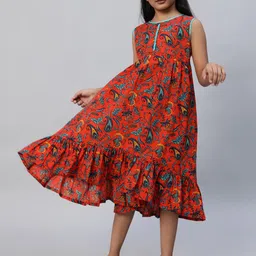Aks Kids Girls Floral Printed Round Neck Cotton Fit and Flare Dress-image-98