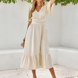 StyleCast Beige V-Neck Fit & Flare Midi Dress-image-64