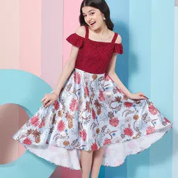 pspeaches Girls Floral Printed Cold-Shoulder Satin Fit & Flare Midi Dress-picture-39