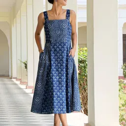 OKHAI Block Printed Square Neck Fit & Flare Midi Dress-picture-17