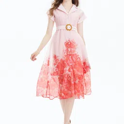 JC Collection Floral Printed Shirt Collar Fit & Flare Midi Dress-image-87