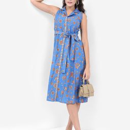 Vishudh Blue & Brown Colour Floral Printed & Belted Detailed Fit & Flare Midi Dress-picture-48