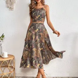 StyleCast Brown & Yellow Tropical Printed Fit & Flare Midi Dress-picture-38