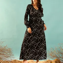 Berrylush Geometric Printed V-Neck A-Line Midi Dress-picture-35