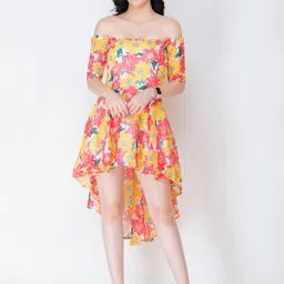 SCORPIUS Floral Print Off-Shoulder Chiffon Fit & Flare Midi Dress-picture-34