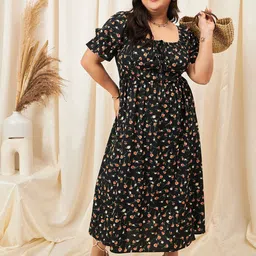 Berrylush Curve Black Curve Floral Print Crepe Fit & Flare Midi Dress-picture-25