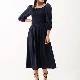 AASK Puff Sleeve Smocked Crepe Fit & Flare Midi Dress image 1