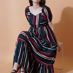 U&F Navy Blue Striped Crepe Fit & Flare Midi Dress-picture-10