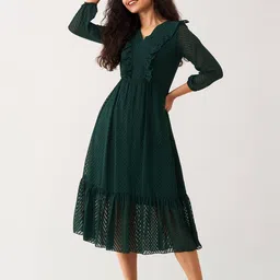 SIDYAL Chevron Self Design Puff Sleeve Georgette Fit and Flare Midi Dress-picture-25