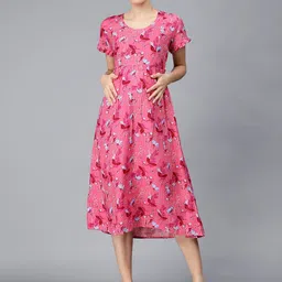 NIGHTSPREE Floral Printed Round Neck Fit & Flare Maternity Midi Dress-picture-28