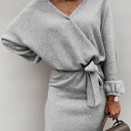 StyleCast Grey Extended Sleeves Tie-up Wrap Mini Dress-picture-38