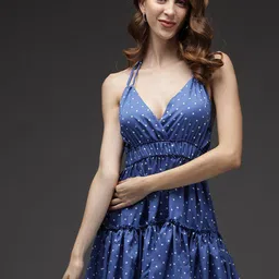 TANDUL Polka Dots Printed Halter Neck Gathered Mini Fit & Flare Dress image 1