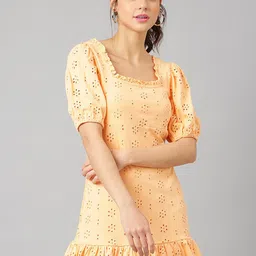 ANAI Puff Sleeves Self Design Schiffli Fit & Flare Square Neck Cotton Mini Dress-picture-29