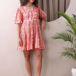 OBSHIVKA Women Floral Printed Puff Sleeve Fit & Flare Mini Dress image 1