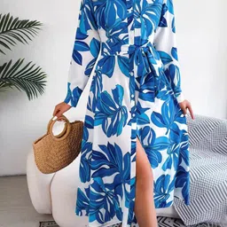 Stylecast X KPOP Shirt Collar Long Sleeves Floral Print Shirt Flared Midi Dress-picture-19