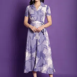 Claura Purple Tie & Dye Notched Lapel Collar Puff Sleeves A-Line Midi Dress With Belt-picture-10