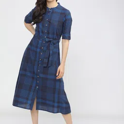Vishudh Blue Checked Ethnic Shirt Midi Dress-image-18