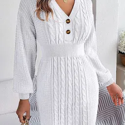 StyleCast White Cable Knit Self Design V-Neck Puff Sleeves Acrylic Mini Sweater Dress-image-79