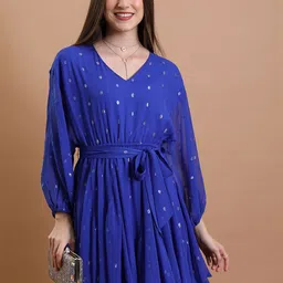 Tokyo Talkies Blue Self Design V-Neck Belted Fit & Flare Dress-image-92