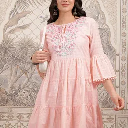 Vishudh Pink Tie-Up Neck Cotton Bell Sleeve Fit & Flare Dress-image-0