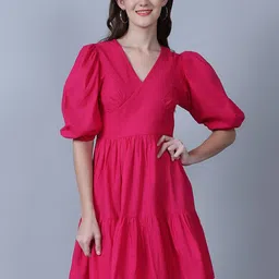 MARC LOUIS Cotton Puff Sleeves Fit & Flare Dress-picture-17