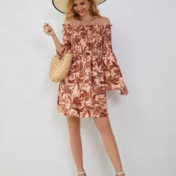 StyleCast Pink & Brown Floral Print Off-Shoulder Bell Sleeve Fit & Flare Dress-picture-15