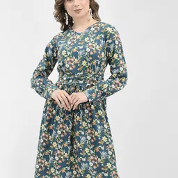 Crimsoune Club Floral Print Cotton V-Neck Puff Sleeve Fit & Flare Dress-picture-39
