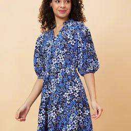 Globus Floral Printed Puff Sleeves Gathered or Pleated A-Line Dress-image-95