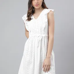 Latin Quarters Schiffli V-Neck Flutter Sleeves Cotton Tie-Ups A-Line Dress-picture-32