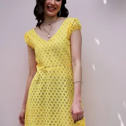 Athena Yellow V-Neck Puff Sleeves Schiffli Cotton Mini Fit and Flare Dress-picture-25