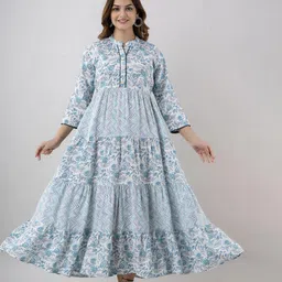 BAESD Floral Printed Mandarin Collar Gathered Tiered Fit & Flare Maxi Ethnic Dress-picture-16
