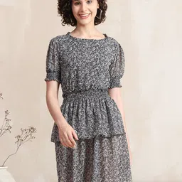 BAESD Abstract Printed Puff Sleeve Georgette Fit & Flare Dress-picture-0