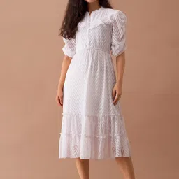 SIDYAL Self Design Georgette Fit & Flare Puff Sleeve Dress image 1