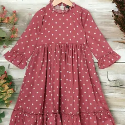 MUSHKIYA Girls Polka Dot Printed High Neck Bell Sleeves Tiered Detail Fit & Flare Dress-picture-25