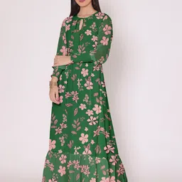 DressBerry Green & Pink Floral Tie-Up Neck Georgette Maxi Dress-picture-24