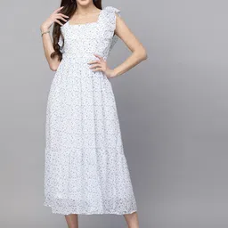 aayu Blue Floral Printed Georgette Fit & Flare Midi Dress-image-0