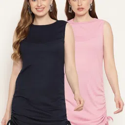 Miaz Lifestyle Women Navy Blue, Pink Solid Cotton Sheath Mini Dress-image-63