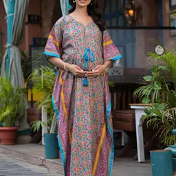 Aujjessa Floral Print Cotton V-Neck Kimono Sleeves Maternity Maxi Dress-picture-15